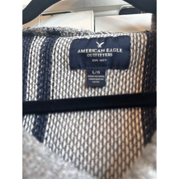 American Eagle Outfitters Mens Blue, Gray, and White Stripe Coastal Knit Hoodie - Picture 2 of 7